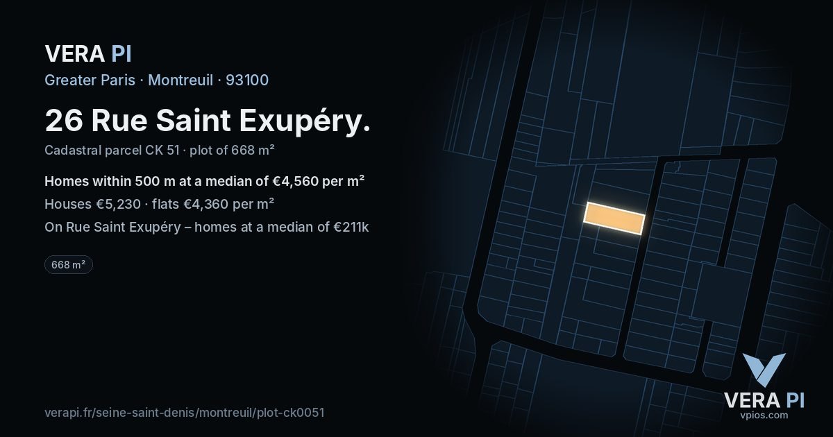 26 Rue Saint Exupéry, Montreuil at night – the plot lit, the parcels around coloured by the prices near them