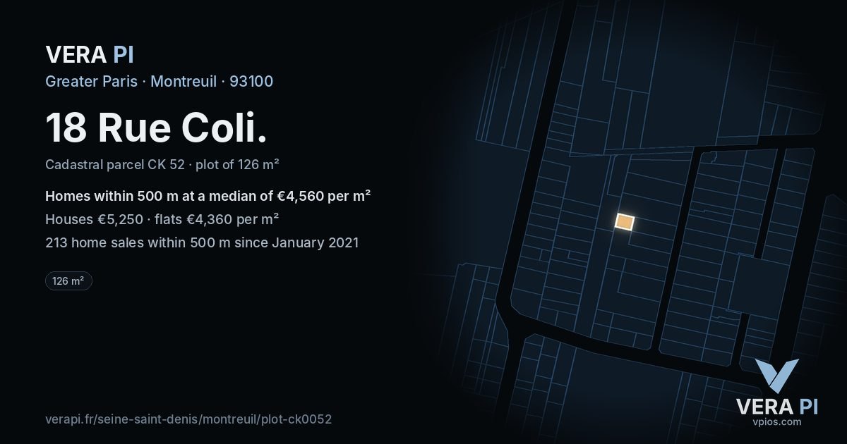 18 Rue Coli, Montreuil at night – the plot lit, the parcels around coloured by the prices near them
