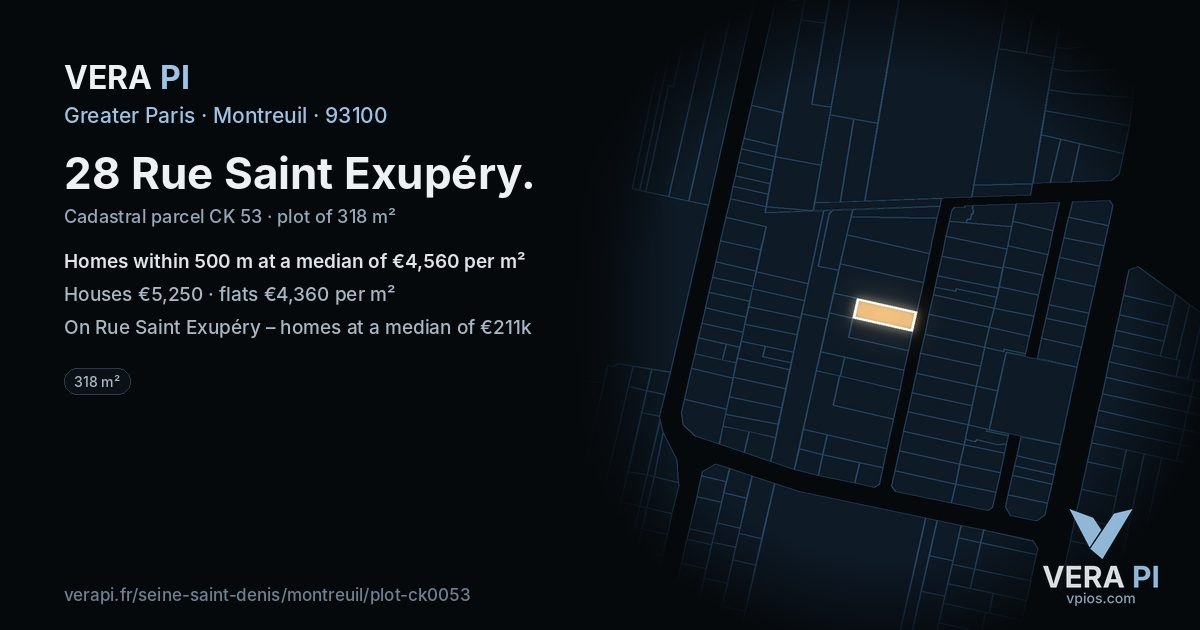 28 Rue Saint Exupéry, Montreuil at night – the plot lit, the parcels around coloured by the prices near them