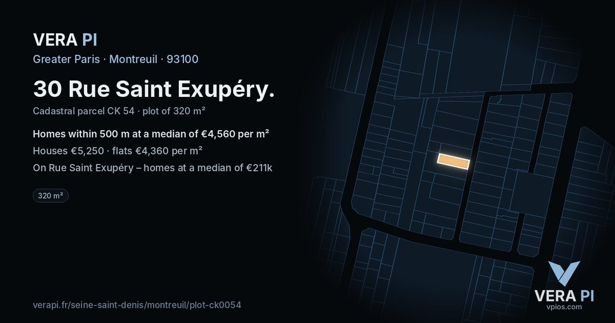 30 Rue Saint Exupéry, Montreuil at night – the plot lit, the parcels around coloured by the prices near them