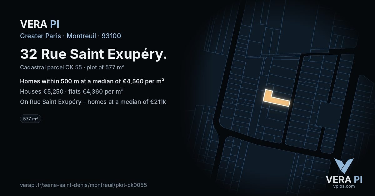 32 Rue Saint Exupéry, Montreuil at night – the plot lit, the parcels around coloured by the prices near them