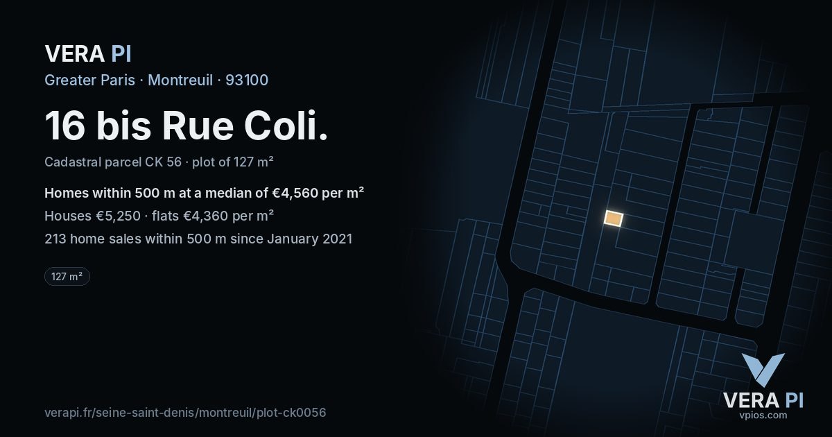 16 bis Rue Coli, Montreuil at night – the plot lit, the parcels around coloured by the prices near them