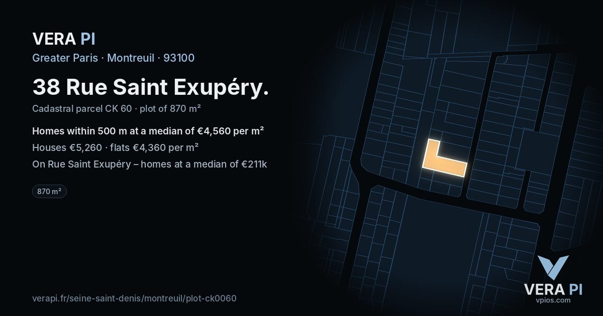 38 Rue Saint Exupéry, Montreuil at night – the plot lit, the parcels around coloured by the prices near them