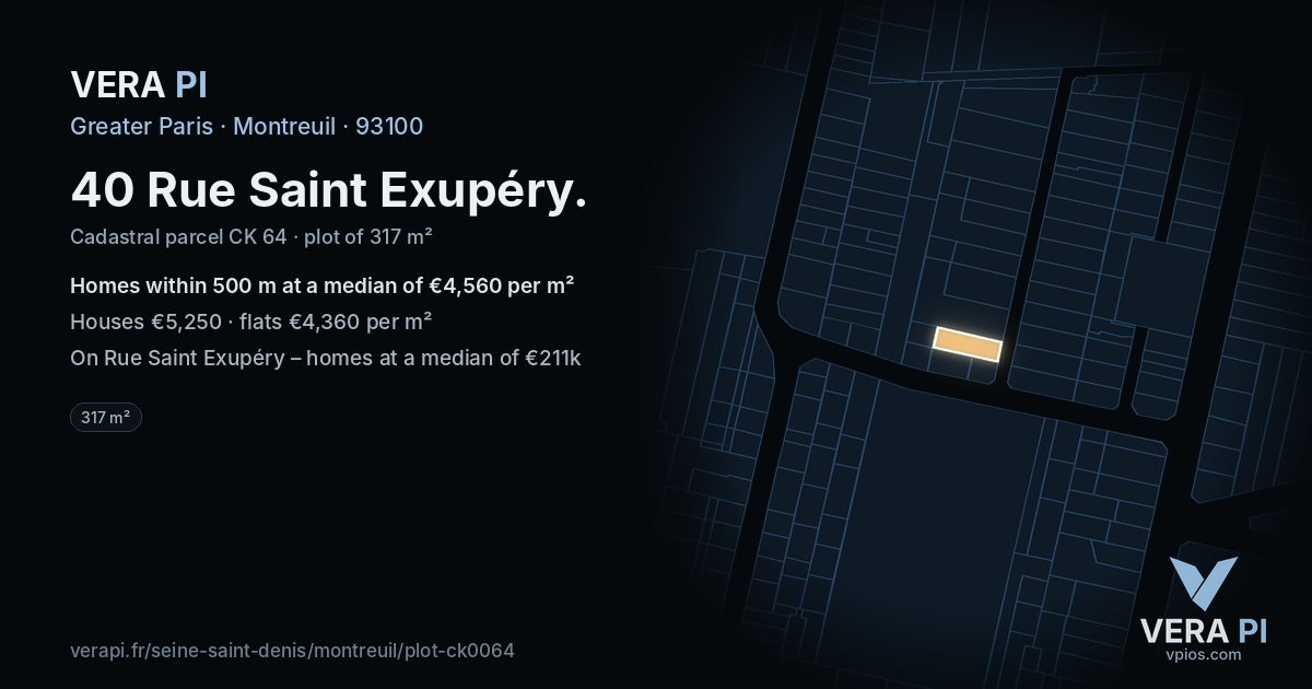 40 Rue Saint Exupéry, Montreuil at night – the plot lit, the parcels around coloured by the prices near them