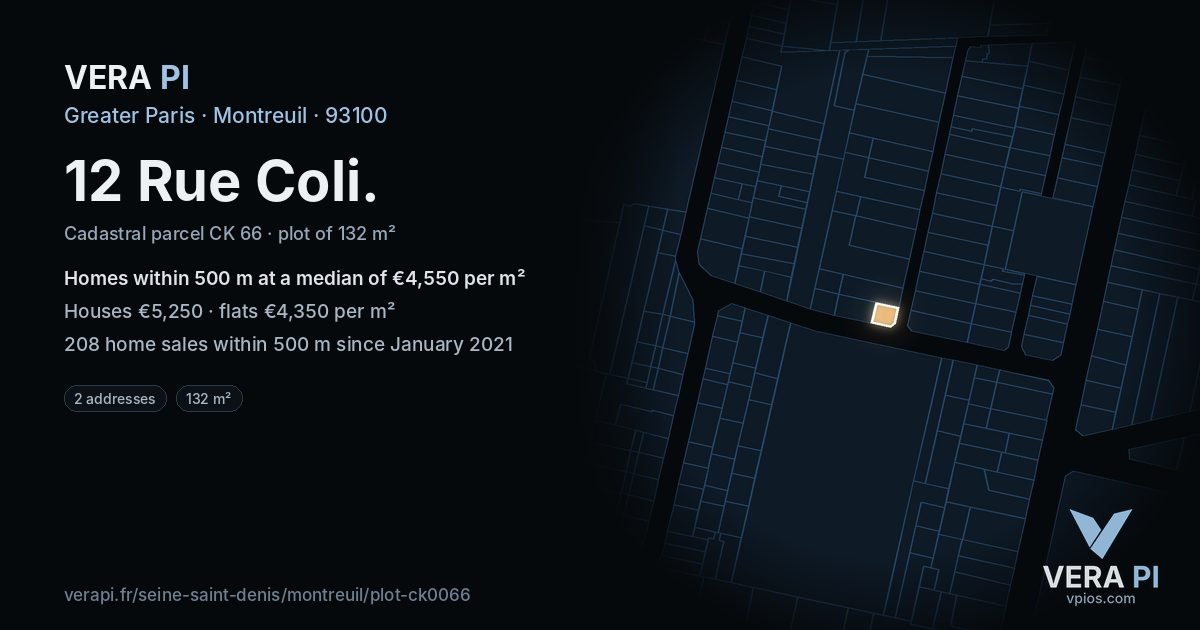 12 Rue Coli, Montreuil at night – the plot lit, the parcels around coloured by the prices near them