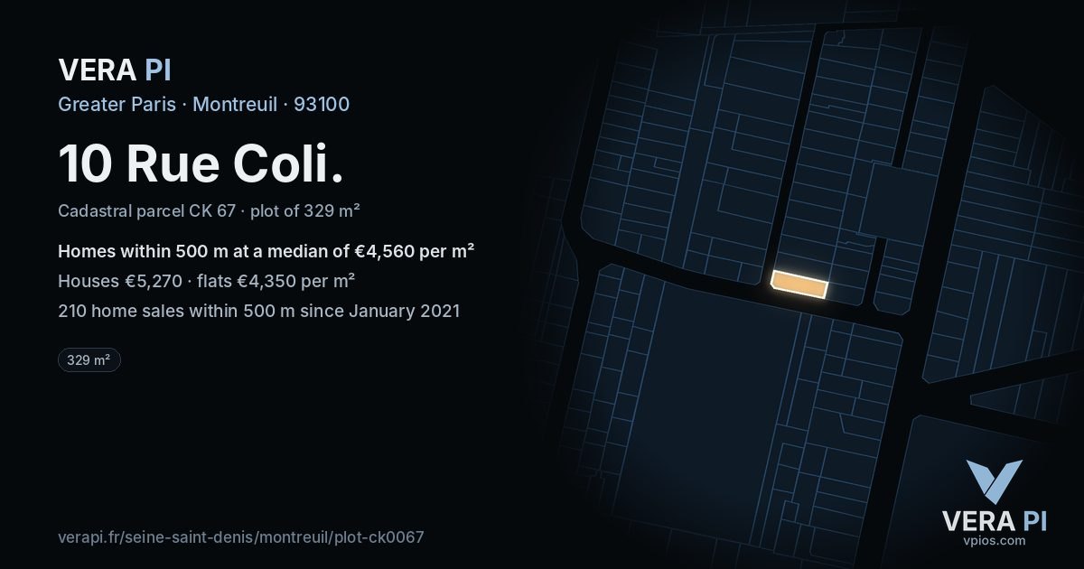 10 Rue Coli, Montreuil at night – the plot lit, the parcels around coloured by the prices near them