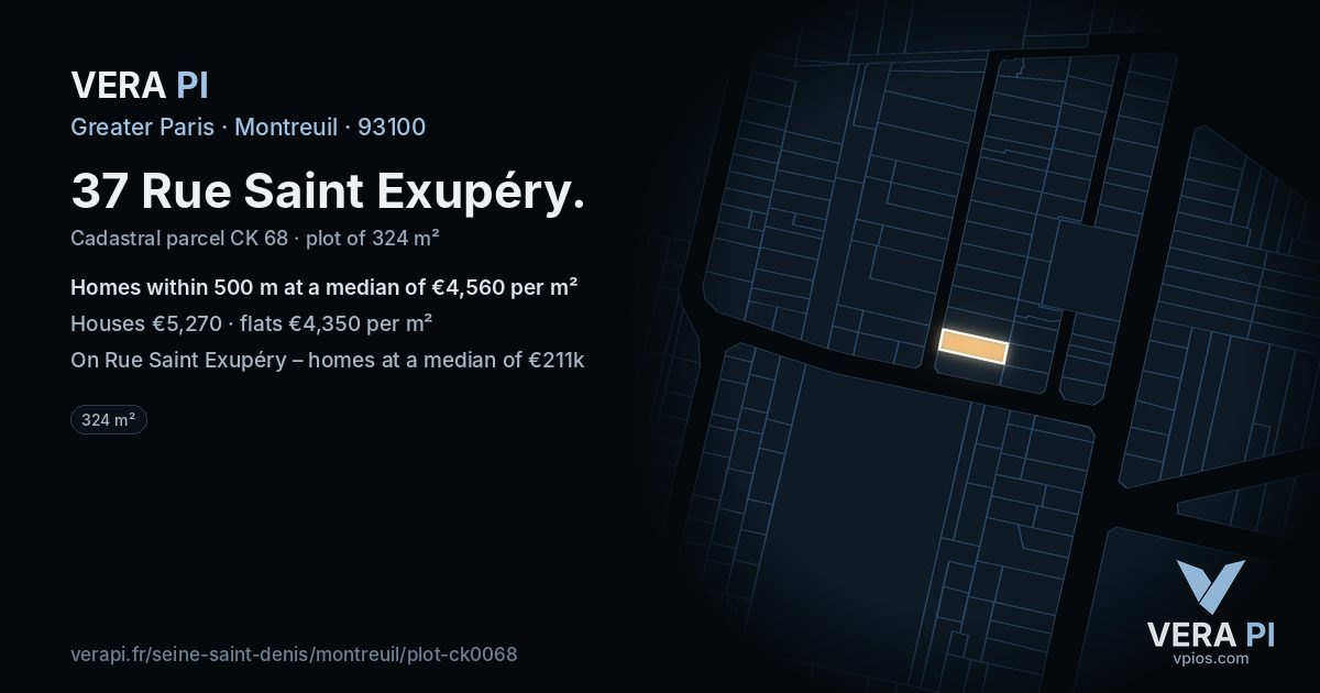 37 Rue Saint Exupéry, Montreuil at night – the plot lit, the parcels around coloured by the prices near them