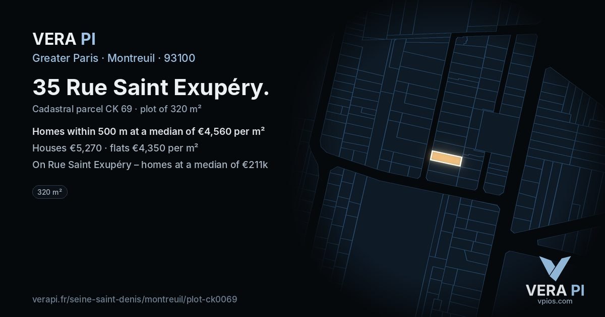 35 Rue Saint Exupéry, Montreuil at night – the plot lit, the parcels around coloured by the prices near them