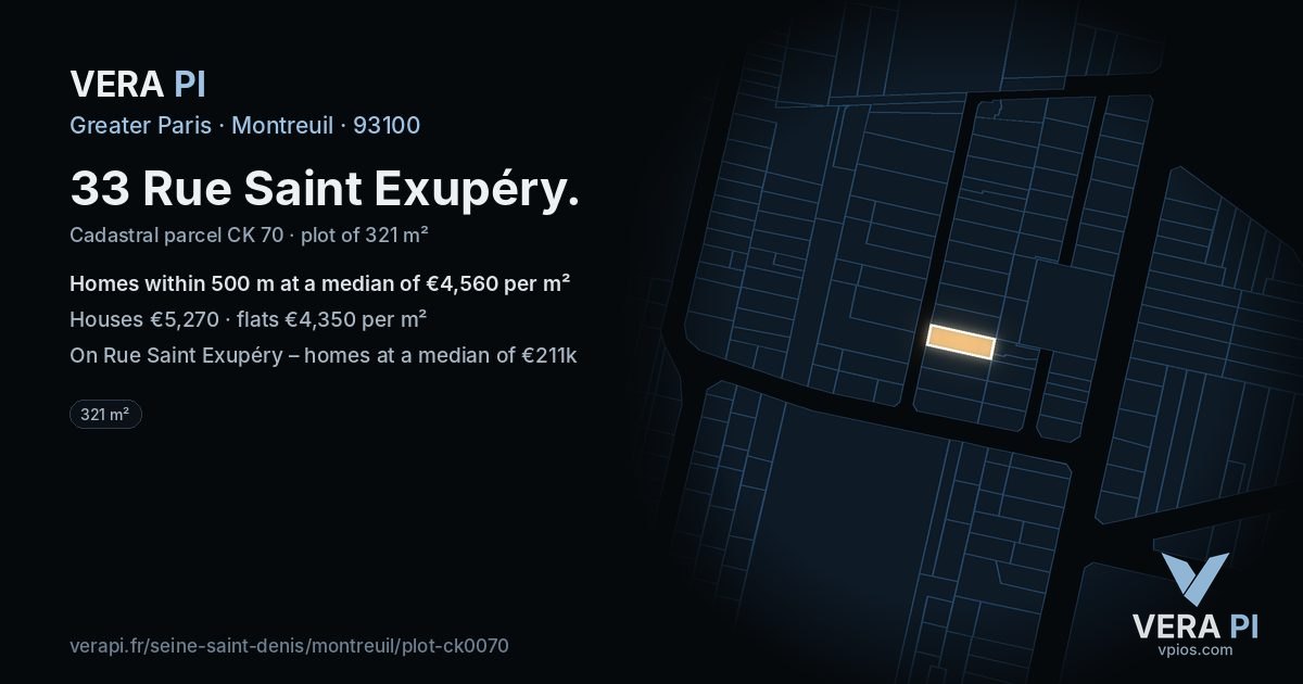 33 Rue Saint Exupéry, Montreuil at night – the plot lit, the parcels around coloured by the prices near them