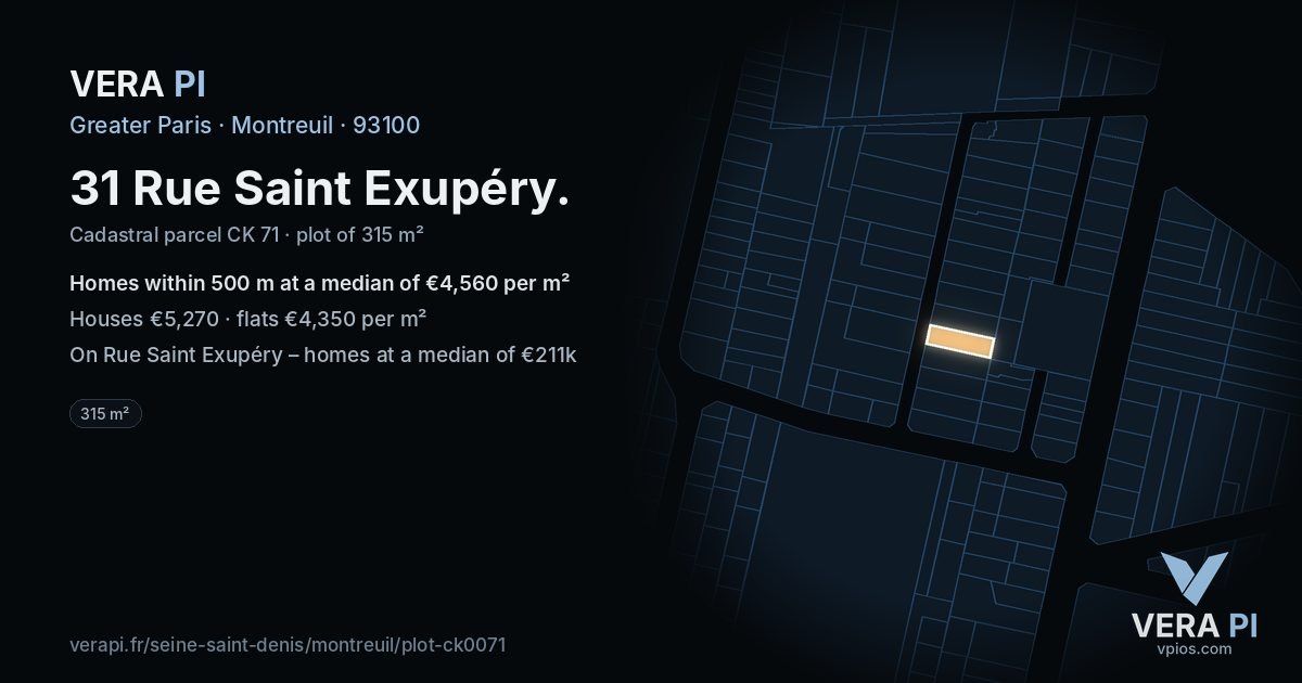 31 Rue Saint Exupéry, Montreuil at night – the plot lit, the parcels around coloured by the prices near them
