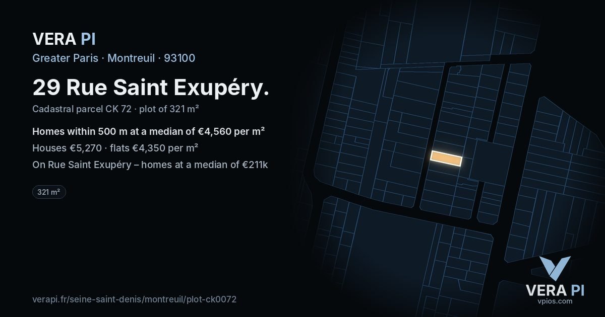 29 Rue Saint Exupéry, Montreuil at night – the plot lit, the parcels around coloured by the prices near them