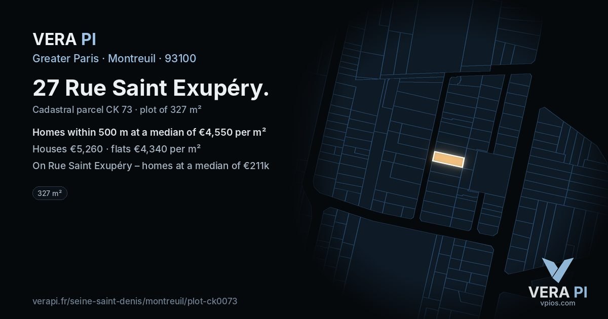 27 Rue Saint Exupéry, Montreuil at night – the plot lit, the parcels around coloured by the prices near them