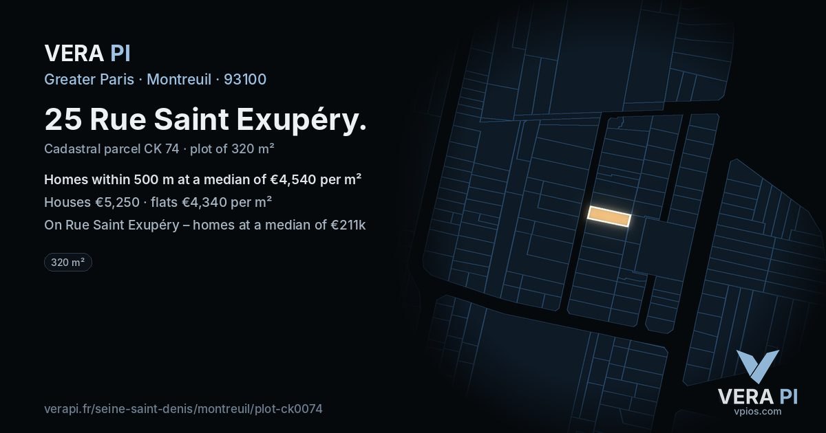 25 Rue Saint Exupéry, Montreuil at night – the plot lit, the parcels around coloured by the prices near them
