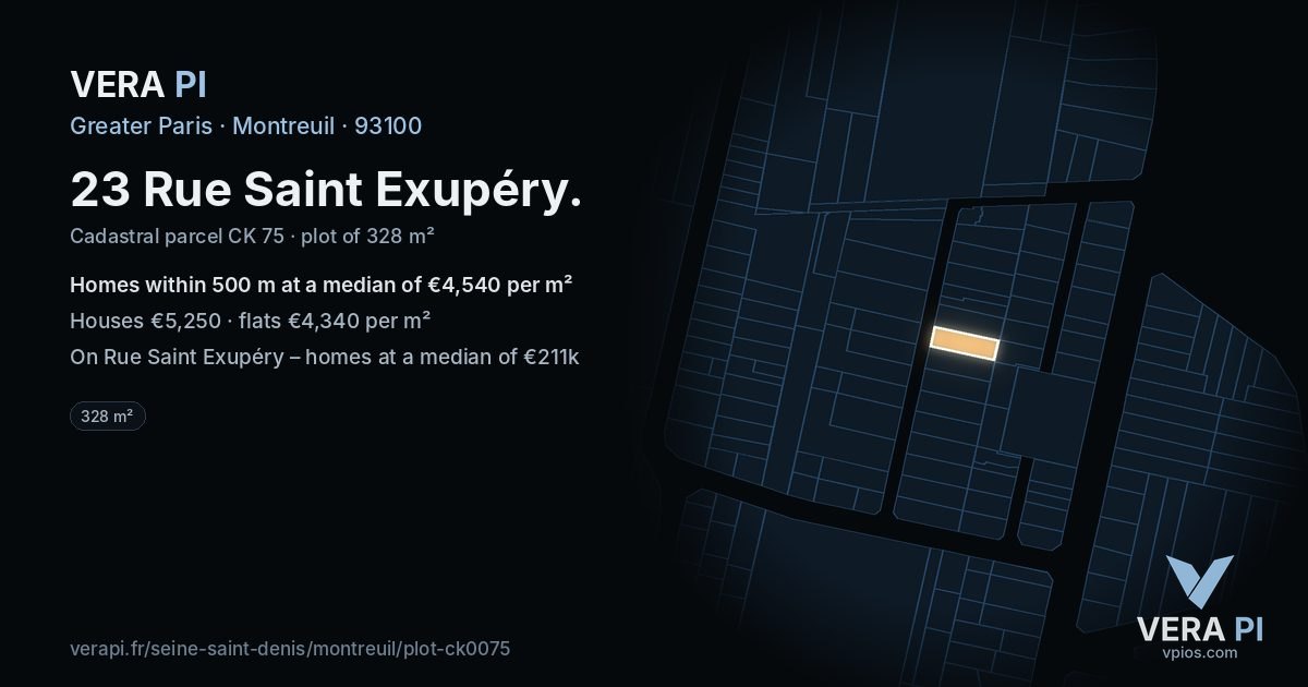 23 Rue Saint Exupéry, Montreuil at night – the plot lit, the parcels around coloured by the prices near them