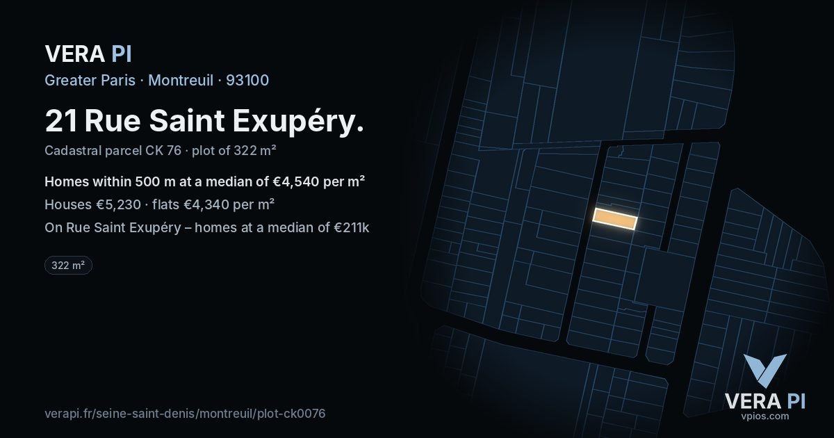 21 Rue Saint Exupéry, Montreuil at night – the plot lit, the parcels around coloured by the prices near them