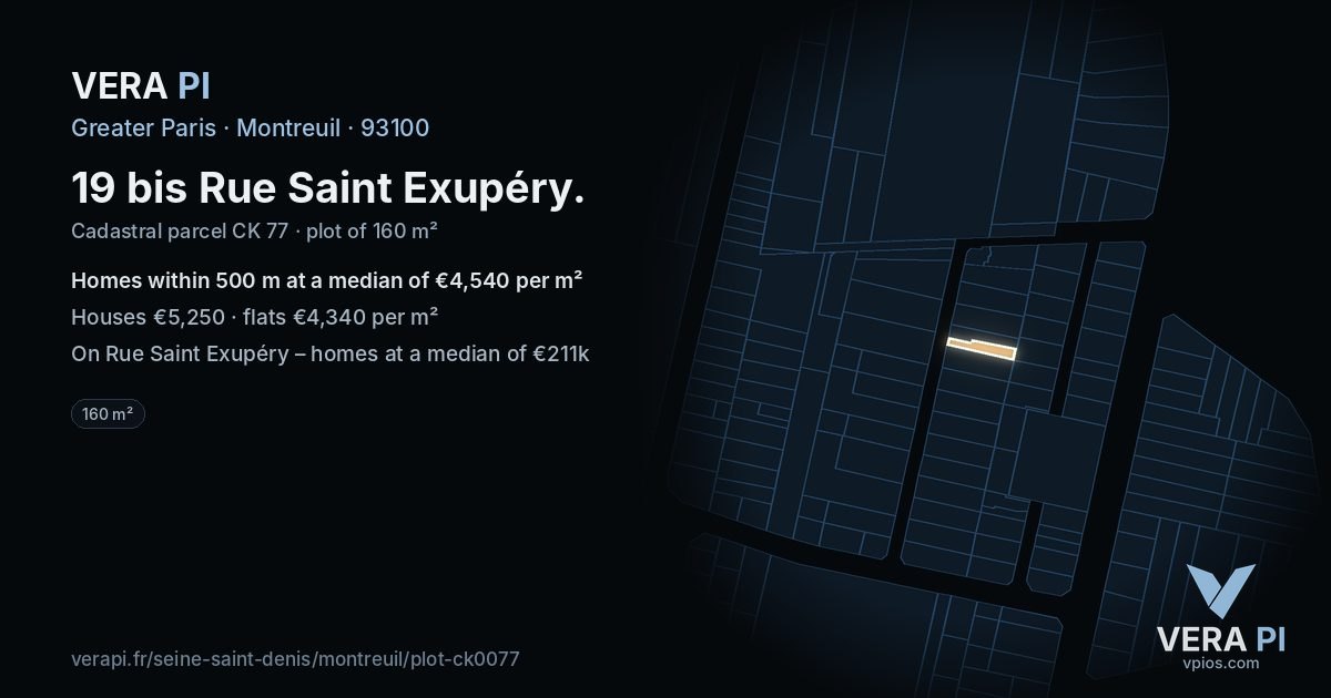 19 bis Rue Saint Exupéry, Montreuil at night – the plot lit, the parcels around coloured by the prices near them