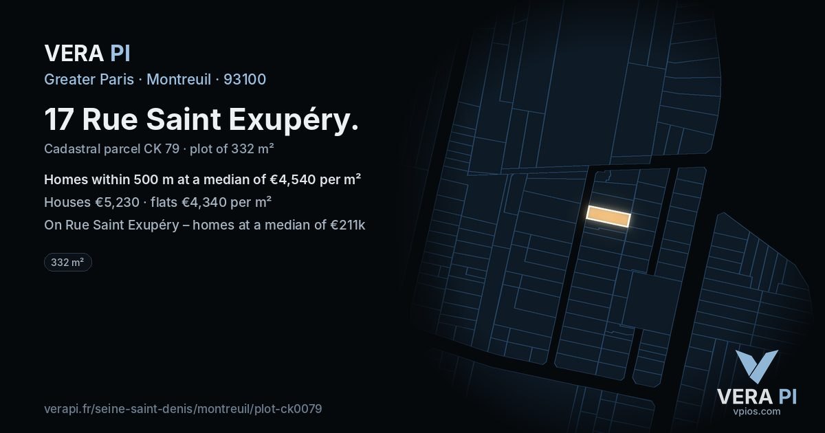 17 Rue Saint Exupéry, Montreuil at night – the plot lit, the parcels around coloured by the prices near them