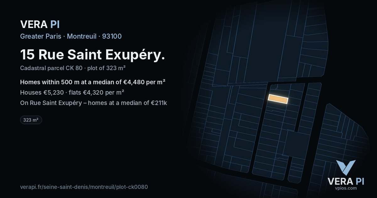 15 Rue Saint Exupéry, Montreuil at night – the plot lit, the parcels around coloured by the prices near them