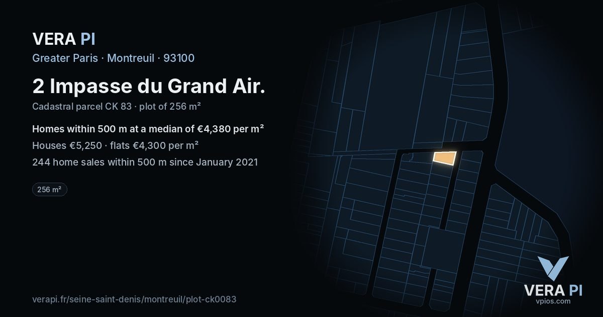2 Impasse du Grand Air, Montreuil at night – the plot lit, the parcels around coloured by the prices near them