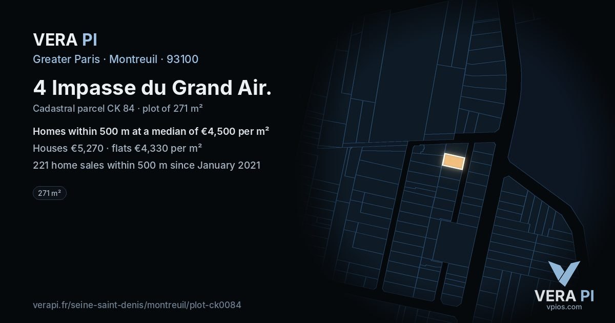 4 Impasse du Grand Air, Montreuil at night – the plot lit, the parcels around coloured by the prices near them