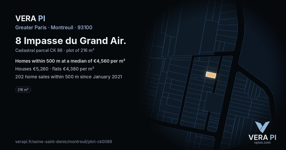 8 Impasse du Grand Air, Montreuil at night – the plot lit, the parcels around coloured by the prices near them