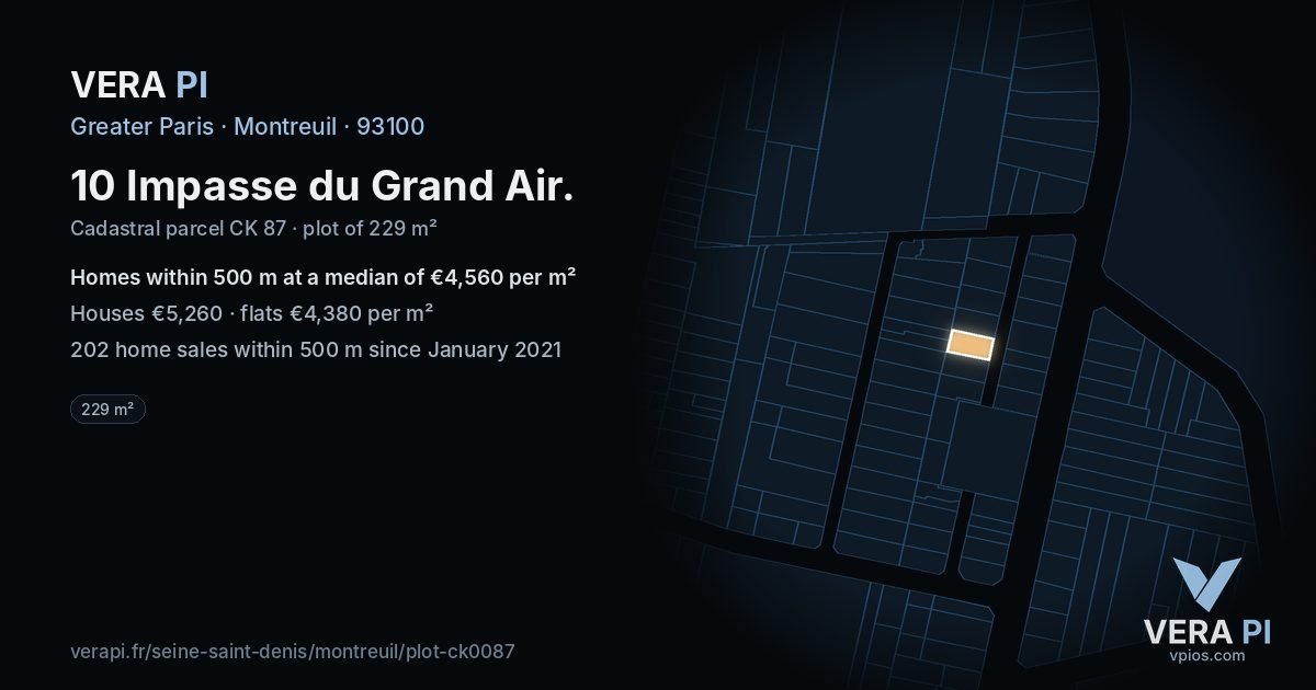 10 Impasse du Grand Air, Montreuil at night – the plot lit, the parcels around coloured by the prices near them