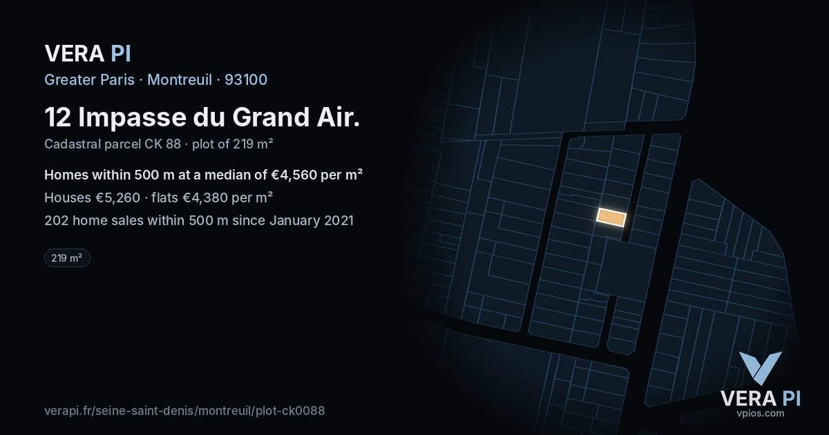 12 Impasse du Grand Air, Montreuil at night – the plot lit, the parcels around coloured by the prices near them