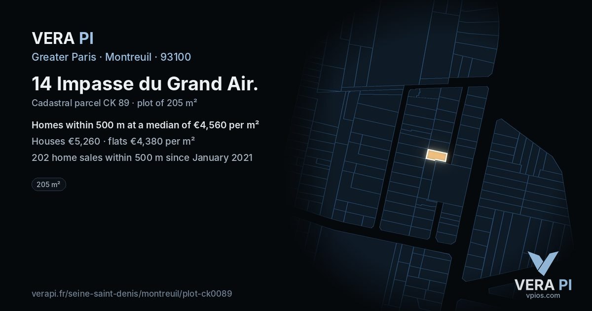 14 Impasse du Grand Air, Montreuil at night – the plot lit, the parcels around coloured by the prices near them