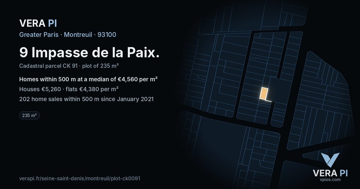 9 Impasse de la Paix, Montreuil at night – the plot lit, the parcels around coloured by the prices near them