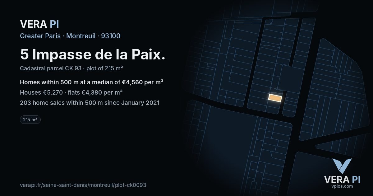 5 Impasse de la Paix, Montreuil at night – the plot lit, the parcels around coloured by the prices near them