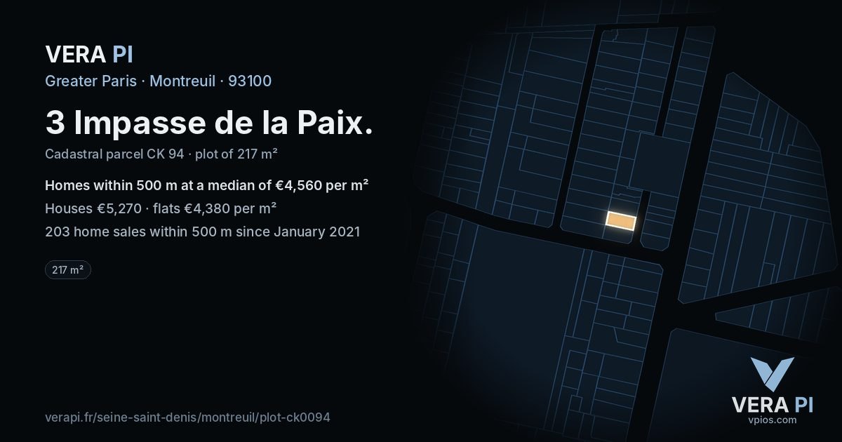 3 Impasse de la Paix, Montreuil at night – the plot lit, the parcels around coloured by the prices near them