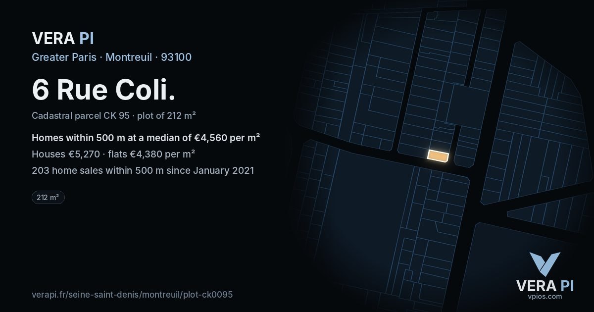 6 Rue Coli, Montreuil at night – the plot lit, the parcels around coloured by the prices near them