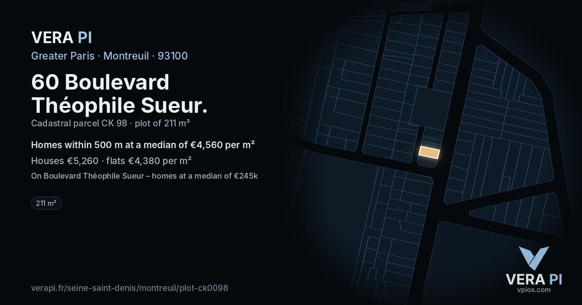 60 Boulevard Théophile Sueur, Montreuil at night – the plot lit, the parcels around coloured by the prices near them