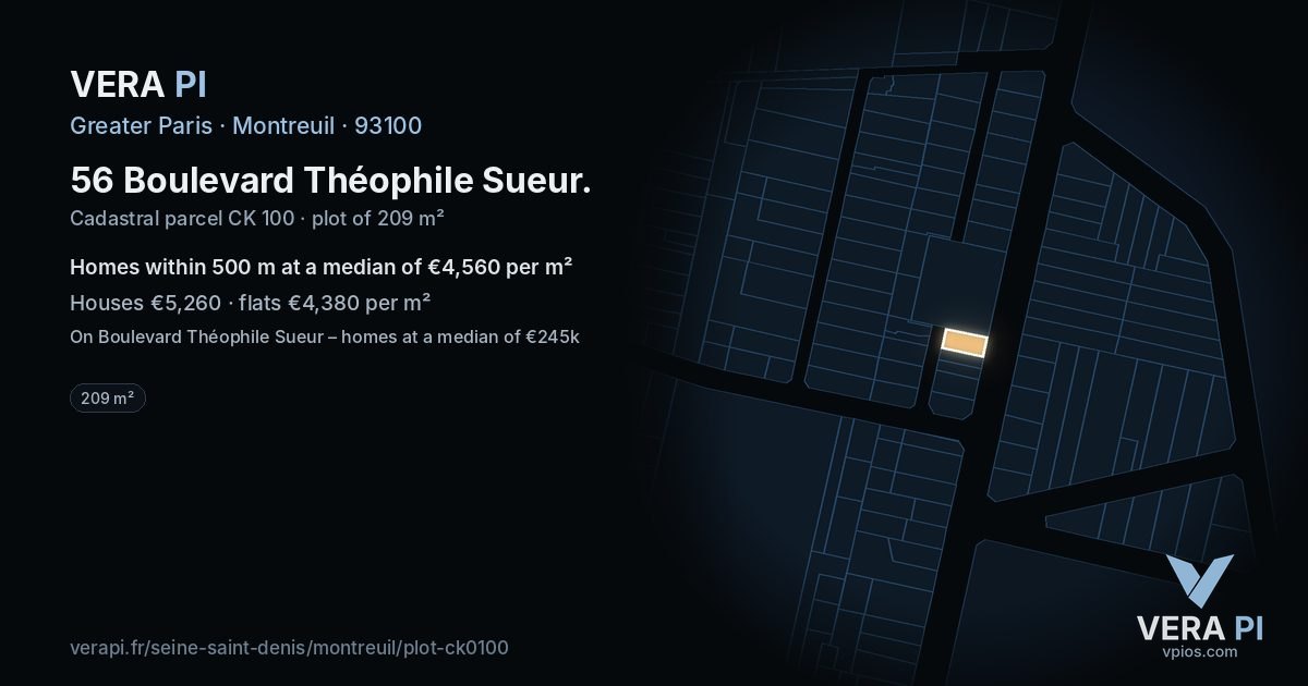 56 Boulevard Théophile Sueur, Montreuil at night – the plot lit, the parcels around coloured by the prices near them