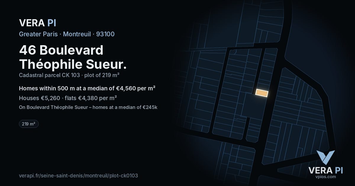 46 Boulevard Théophile Sueur, Montreuil at night – the plot lit, the parcels around coloured by the prices near them