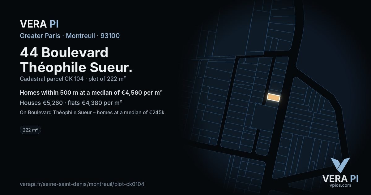 44 Boulevard Théophile Sueur, Montreuil at night – the plot lit, the parcels around coloured by the prices near them