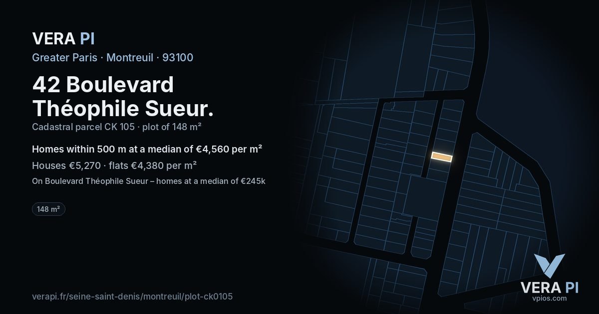 42 Boulevard Théophile Sueur, Montreuil at night – the plot lit, the parcels around coloured by the prices near them