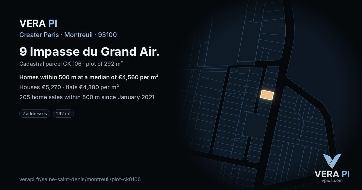 9 Impasse du Grand Air, Montreuil at night – the plot lit, the parcels around coloured by the prices near them