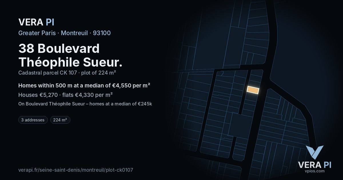 38 Boulevard Théophile Sueur, Montreuil at night – the plot lit, the parcels around coloured by the prices near them