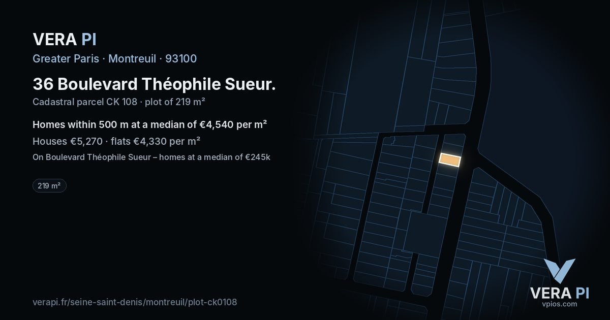 36 Boulevard Théophile Sueur, Montreuil at night – the plot lit, the parcels around coloured by the prices near them