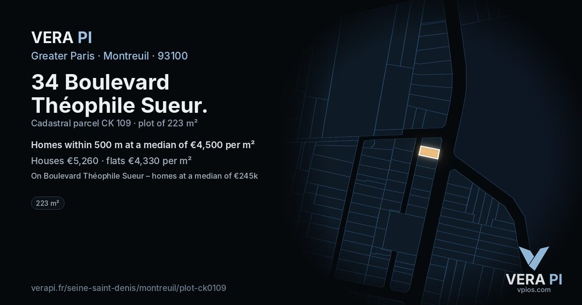 34 Boulevard Théophile Sueur, Montreuil at night – the plot lit, the parcels around coloured by the prices near them
