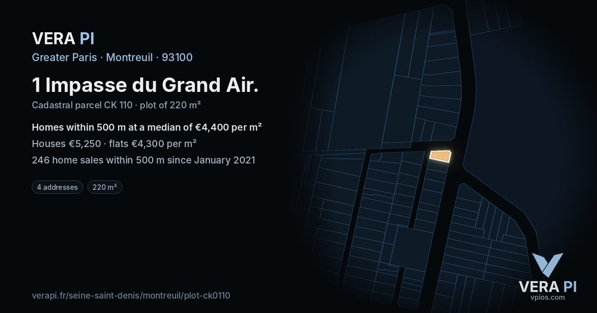 1 Impasse du Grand Air, Montreuil at night – the plot lit, the parcels around coloured by the prices near them