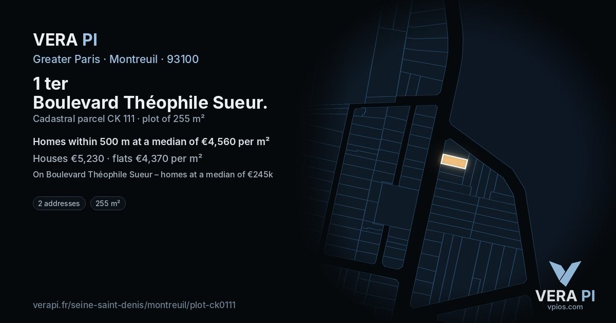 1 ter Boulevard Théophile Sueur, Montreuil at night – the plot lit, the parcels around coloured by the prices near them