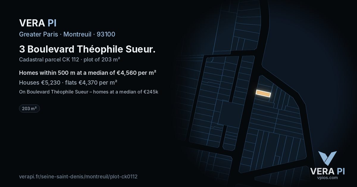 3 Boulevard Théophile Sueur, Montreuil at night – the plot lit, the parcels around coloured by the prices near them