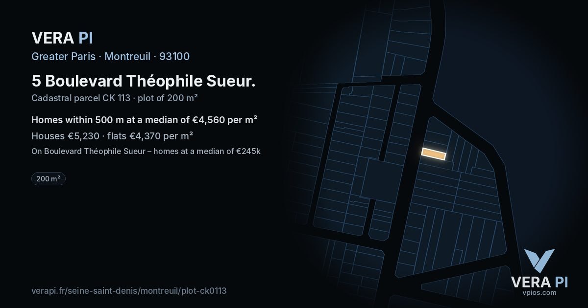 5 Boulevard Théophile Sueur, Montreuil at night – the plot lit, the parcels around coloured by the prices near them