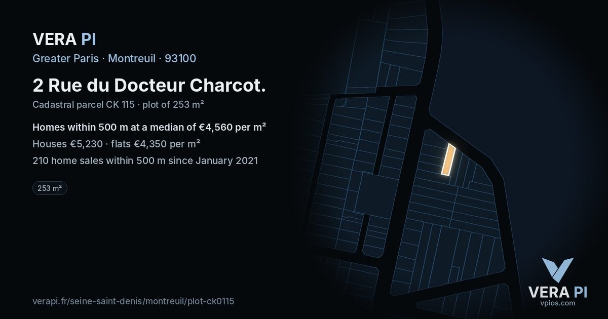 2 Rue du Docteur Charcot, Montreuil at night – the plot lit, the parcels around coloured by the prices near them