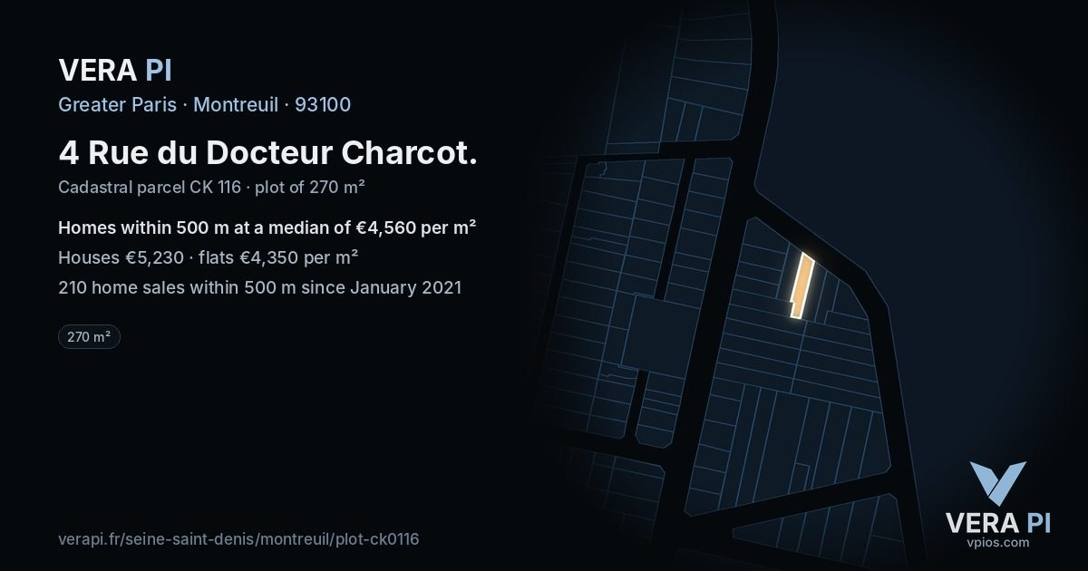 4 Rue du Docteur Charcot, Montreuil at night – the plot lit, the parcels around coloured by the prices near them