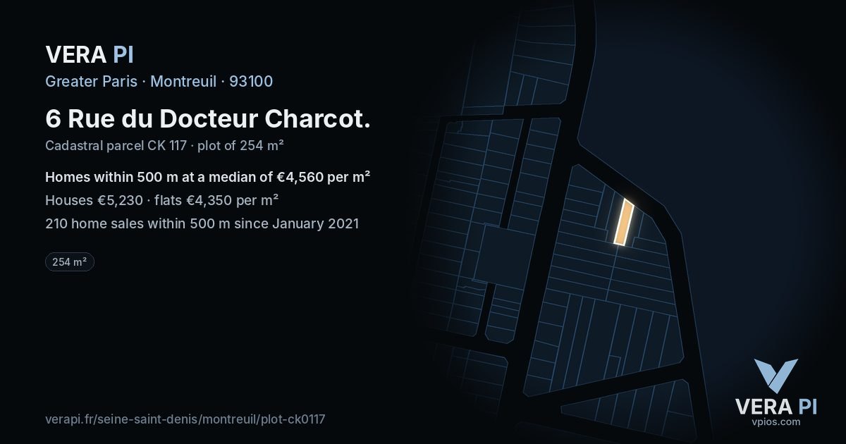 6 Rue du Docteur Charcot, Montreuil at night – the plot lit, the parcels around coloured by the prices near them