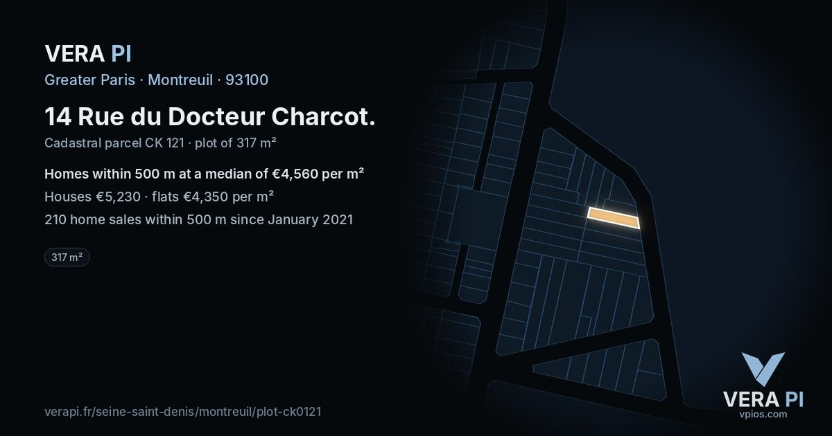 14 Rue du Docteur Charcot, Montreuil at night – the plot lit, the parcels around coloured by the prices near them