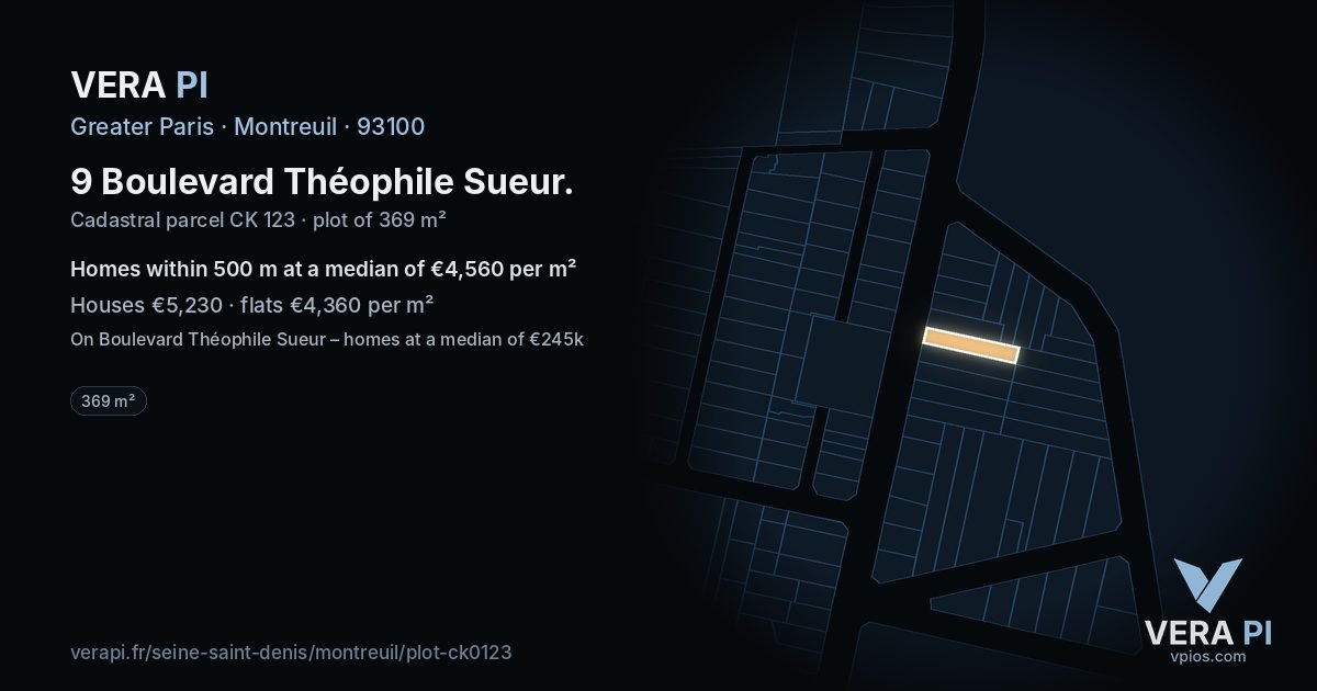 9 Boulevard Théophile Sueur, Montreuil at night – the plot lit, the parcels around coloured by the prices near them